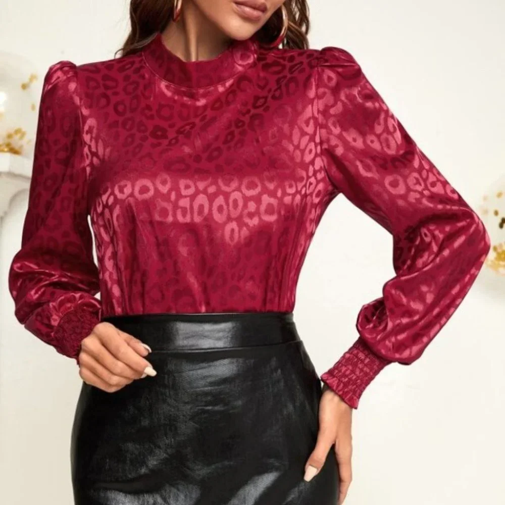 Leopard Jacquard Mock Neck Satin Blouse burgundy - Picture 2 of 4